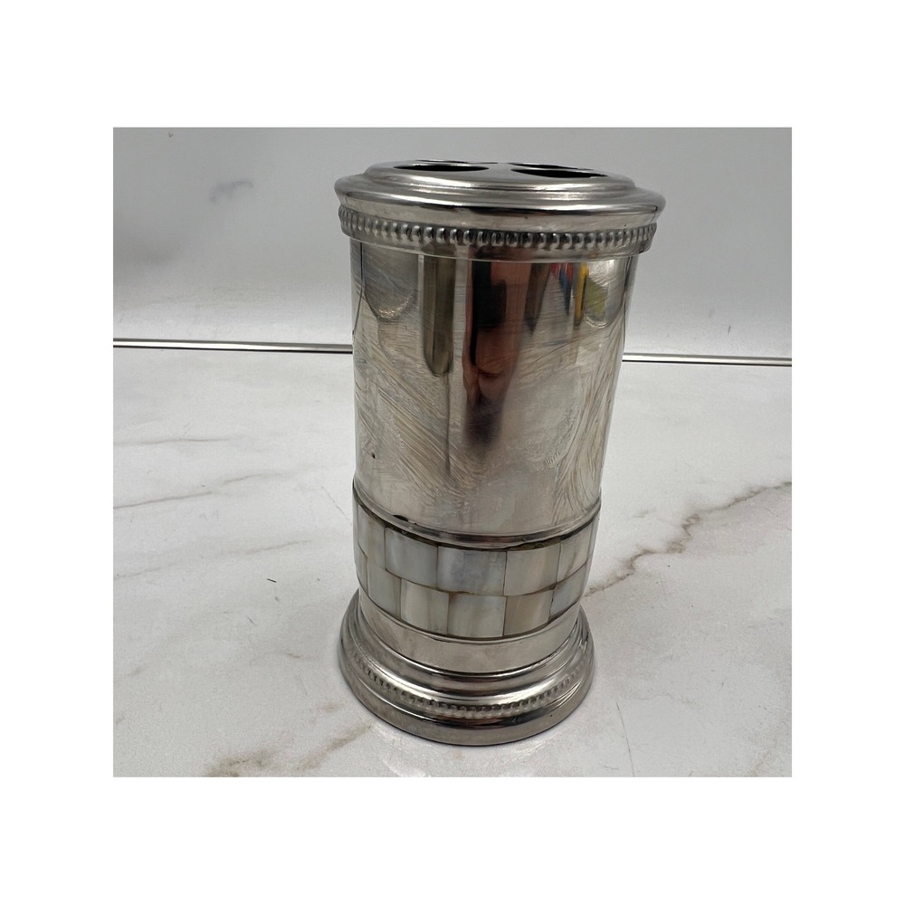 Toothbrush Holder 4 Slot Bath Silver Tone Mother of Pearl Vanity Decor